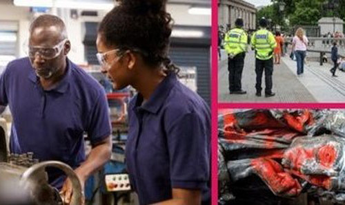 Collage with pink background has photos of fallen statue of colston; police monitoring crowd; young apprentice learns manufacturing skills from colleague