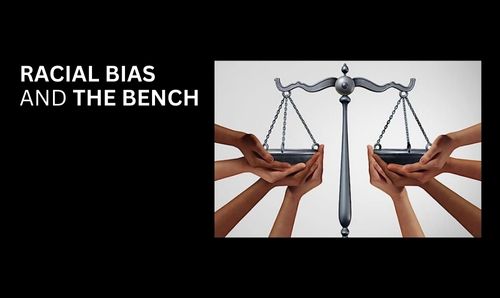 Report title 'Racial bias and the bench' with image of hands of different skin colours holding judicial scales