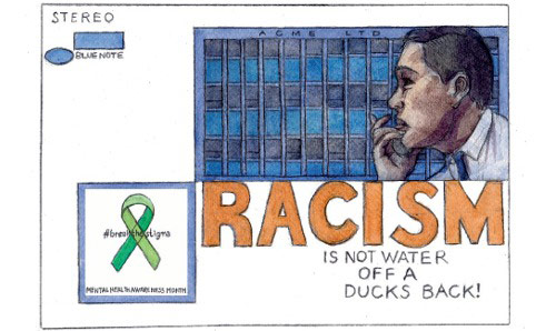 Front page of comic 'Racism is not water off a duck's back' by Paul Gent.