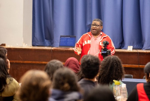 Gary Younge talking to participants at public assembly in Nottingham
